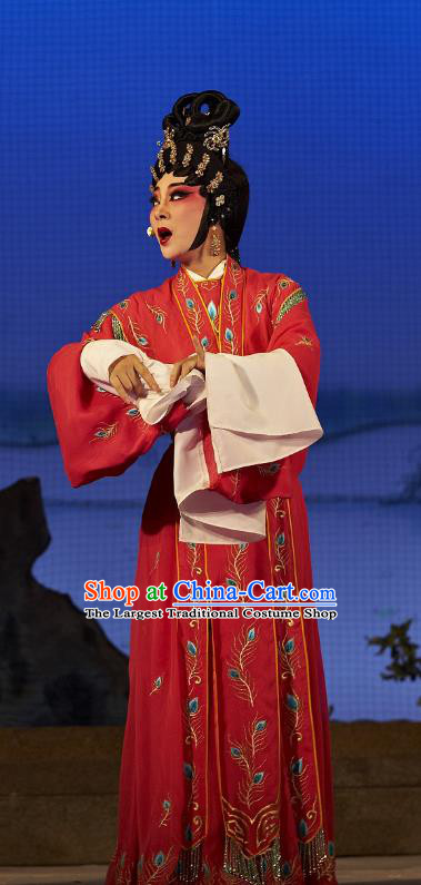Chinese Cantonese Opera Young Female Garment Legend of Lun Wenxu Costumes and Headdress Traditional Guangdong Opera Hua Tan Apparels Rich Lady Red Dress
