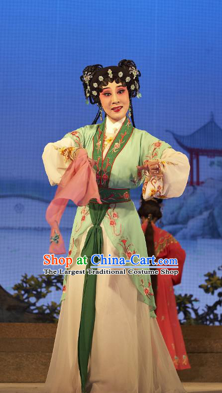 Chinese Cantonese Opera Young Lady A Xiu Garment Legend of Lun Wenxu Costumes and Headdress Traditional Guangdong Opera Xiaodan Apparels Servant Girl Dress