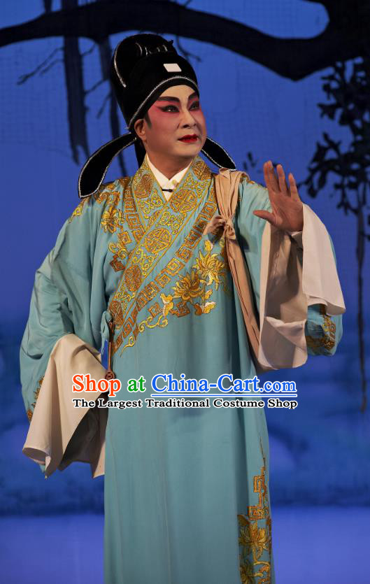 Legend of Lun Wenxu Chinese Guangdong Opera Xiaosheng Apparels Costumes and Headpieces Traditional Cantonese Opera Niche Garment Scholar Blue Clothing