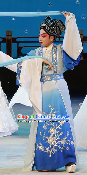 Meng Hui Tai Hu Chinese Guangdong Opera Young Man Fan Li Apparels Costumes and Headpieces Traditional Cantonese Opera Xiaosheng Garment Niche Blue Clothing