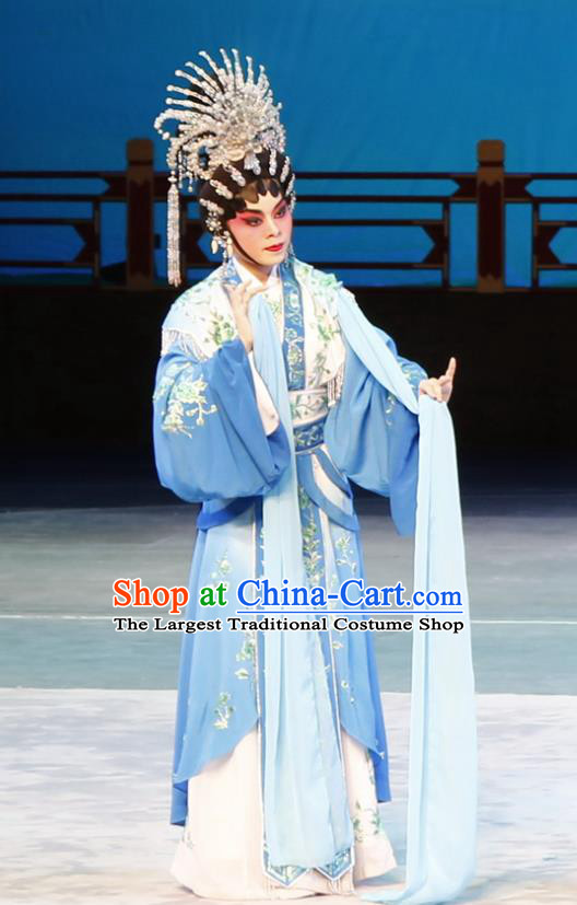 Chinese Cantonese Opera Actress Xi Shi Garment Meng Hui Tai Hu Costumes and Headdress Traditional Guangdong Opera Diva Apparels Young Beauty Blue Dress