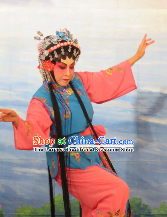 Chinese Cantonese Opera Xiaodan Chun Lan Garment Hua Tian Ba Xi Hairpin Costumes and Headdress Traditional Guangdong Opera Young Lady Apparels Maidservant Dress