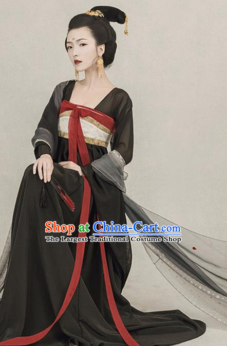 Chinese Traditional Drama Ancient Goddess Black Hanfu Dress Apparels Tang Dynasty Imperial Consort Historical Costumes and Headpieces Complete Set for Women