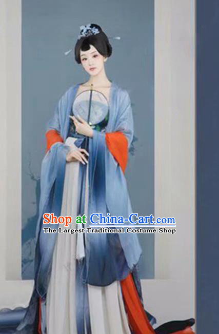 Chinese Traditional Drama Ancient Palace Lady Blue Hanfu Dress Apparels Tang Dynasty Royal Princess Historical Costumes and Headpieces Complete Set