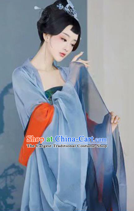Chinese Traditional Drama Ancient Palace Lady Blue Hanfu Dress Apparels Tang Dynasty Royal Princess Historical Costumes and Headpieces Complete Set