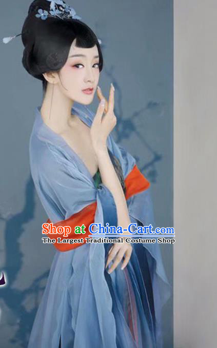 Chinese Traditional Drama Ancient Palace Lady Blue Hanfu Dress Apparels Tang Dynasty Royal Princess Historical Costumes and Headpieces Complete Set