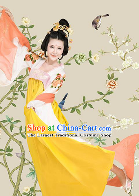 Chinese Traditional Tang Dynasty Palace Lady Historical Costumes Ancient Drama Noble Woman Yellow Hanfu Dress Apparels and Headpieces Complete Set