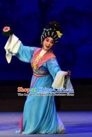 Chinese Cantonese Opera Young Woman Garment Hun Qian Zhu Ji Xiang Costumes and Headdress Traditional Guangdong Opera Actress Apparels Hua Tan Blue Dress
