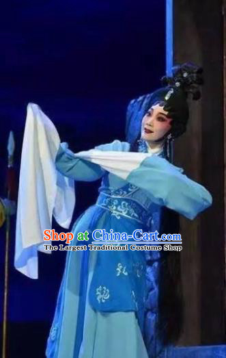 Chinese Cantonese Opera Diva Garment Hun Qian Zhu Ji Xiang Costumes and Headdress Traditional Guangdong Opera Hua Tan Apparels Imperial Concubine Hu Blue Dress