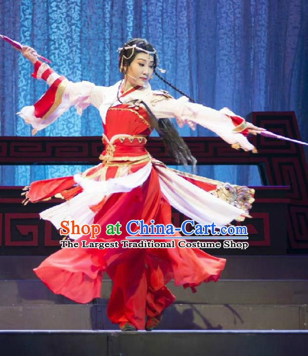 Chinese Cantonese Opera Young Lady Garment Fighting for the Great Tang Empire Costumes and Headdress Traditional Guangdong Opera Swordswoman Apparels Red Dress