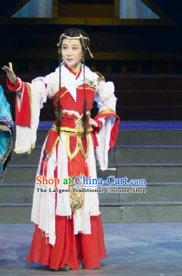 Chinese Cantonese Opera Young Lady Garment Fighting for the Great Tang Empire Costumes and Headdress Traditional Guangdong Opera Swordswoman Apparels Red Dress