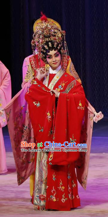 Chinese Cantonese Opera Hua Tan Garment Diao Man Gong Zhu Gan Fu Ma Costumes and Headdress Traditional Guangdong Opera Young Beauty Apparels Princess Fengxia Red Dress