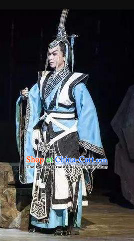Fighting for the Great Tang Empire Chinese Guangdong Opera Young Male Apparels Costumes and Headpieces Traditional Cantonese Opera Swordsman Garment Qi Jin Clothing
