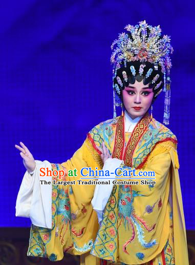 Chinese Cantonese Opera Empress Garment Costumes and Headdress Traditional Guangdong Opera Actress Apparels Queen Yellow Dress