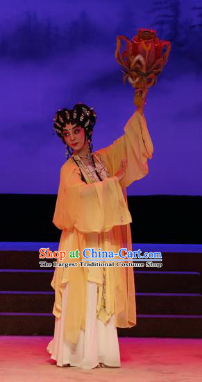 Chinese Cantonese Opera Goddess Ling Zhi Garment The Lotus Lantern Costumes and Headdress Traditional Guangdong Opera Xiaodan Apparels Maidservant Yellow Dress