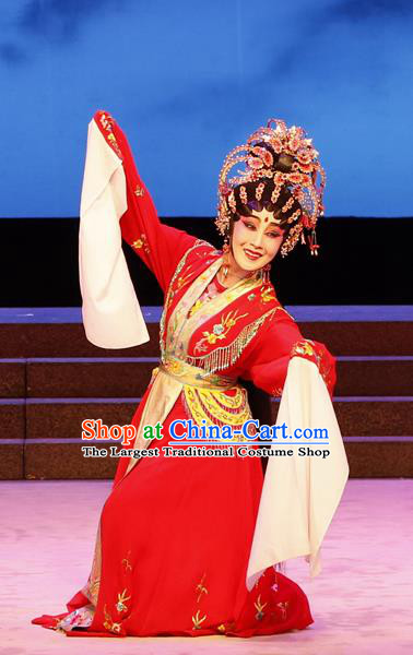 Chinese Cantonese Opera Goddess Red Garment The Lotus Lantern Costumes and Headdress Traditional Guangdong Opera Hua Tan Apparels Young Female Dress