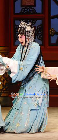 Chinese Cantonese Opera Young Mistress Garment The Lotus Lantern Costumes and Headdress Traditional Guangdong Opera Actress Apparels Wang Guiying Blue Dress
