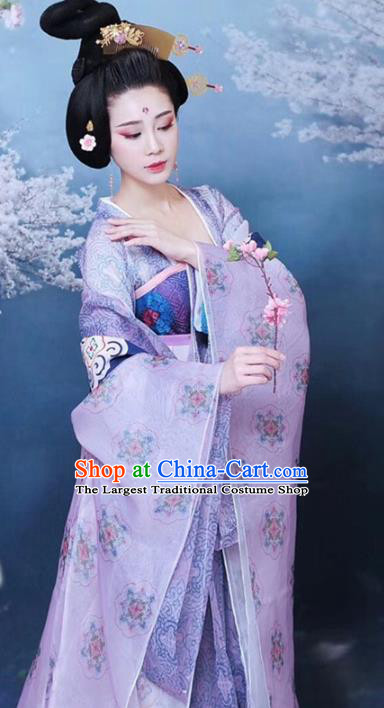 Chinese Traditional Apparels Violet Hanfu Dress Ancient Drama Tang Dynasty Imperial Concubine Historical Costumes and Headwear Complete Set
