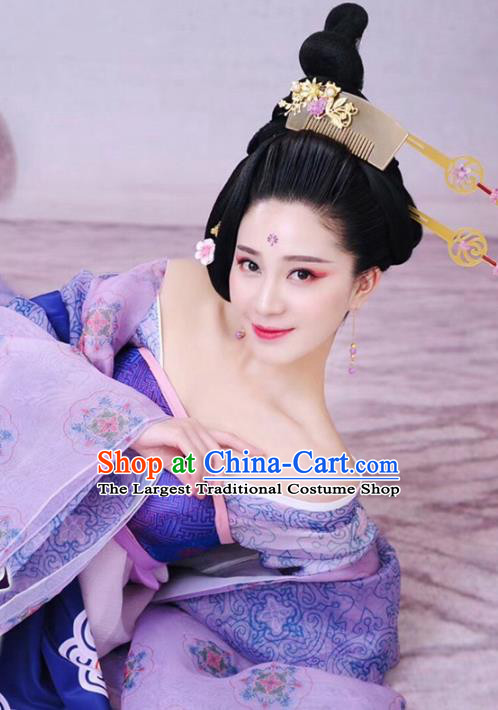 Chinese Traditional Apparels Violet Hanfu Dress Ancient Drama Tang Dynasty Imperial Concubine Historical Costumes and Headwear Complete Set
