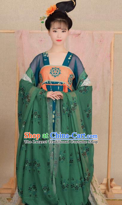 Chinese Traditional Apparels Noble Infanta Green Hanfu Dress Ancient Drama Tang Dynasty Palace Princess Historical Costumes and Hair Accessories Complete Set