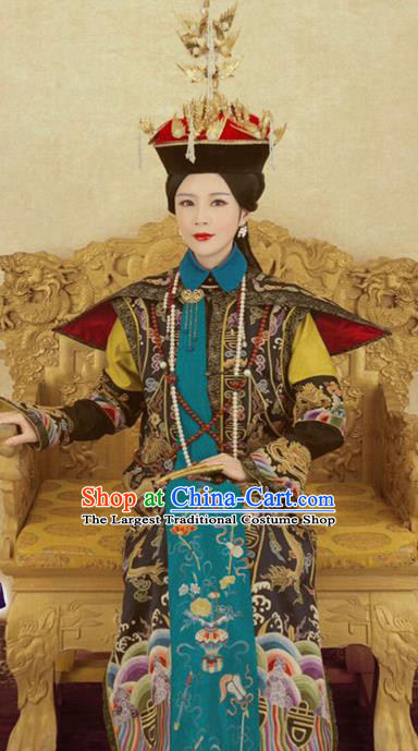 Chinese Traditional Handmade Embroidered Apparels Noble Queen Hanfu Dress Ancient Drama Qing Dynasty Imperial Empress Historical Costumes and Headwear Complete Set