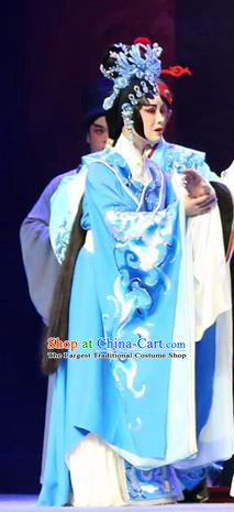 Chinese Cantonese Opera Imperial Consort Qi Garment Gao Emperor of Han Costumes and Headdress Traditional Guangdong Opera Young Female Apparels Actress Blue Dress