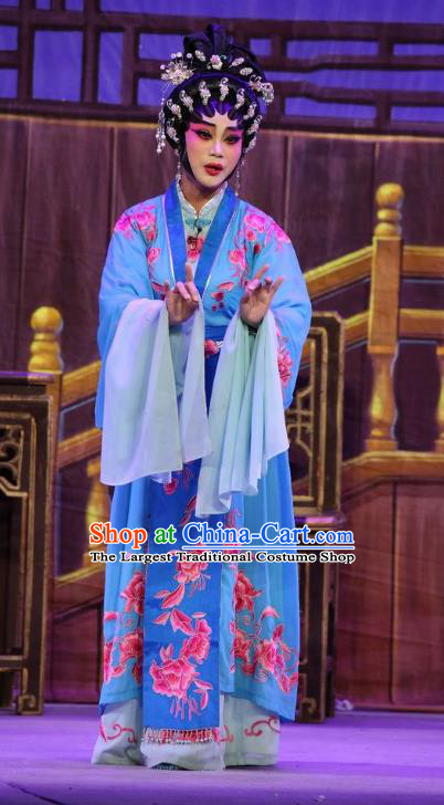 Chinese Cantonese Opera Young Female Garment Costumes and Headdress Traditional Guangdong Opera Hua Tan Apparels Diva Bai Lixiang Blue Dress