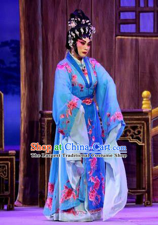 Chinese Cantonese Opera Young Female Garment Costumes and Headdress Traditional Guangdong Opera Hua Tan Apparels Diva Bai Lixiang Blue Dress