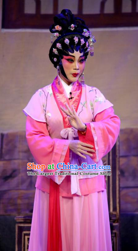 Chinese Cantonese Opera Village Girl Garment Costumes and Headdress Traditional Guangdong Opera Diva Bai Lixiang Apparels Country Woman Pink Dress
