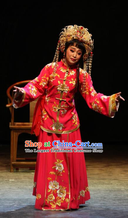 Chinese Cantonese Opera Bride Qiu Yue Garment The Watchtower Costumes and Headdress Traditional Guangdong Opera Actress Apparels Hua Tan Red Dress