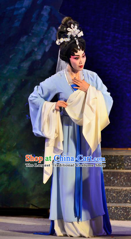 Chinese Cantonese Opera Actress Garment Costumes and Headdress Traditional Guangdong Opera Young Female Apparels Princess Miaoshan Blue Dress