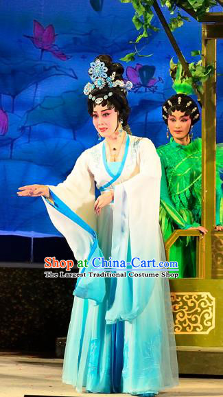 Chinese Cantonese Opera Diva Garment Costumes and Headdress Traditional Guangdong Opera Princess Miaoshan Apparels Young Female Dress