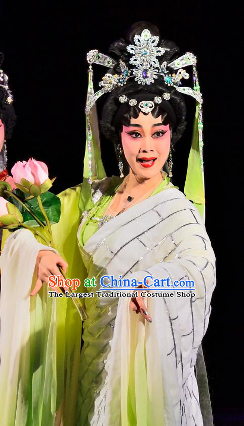 Chinese Cantonese Opera Guanyin Bodhisattva Garment Costumes and Headdress Traditional Guangdong Opera Princess Miaoshan Apparels Goddess Dress