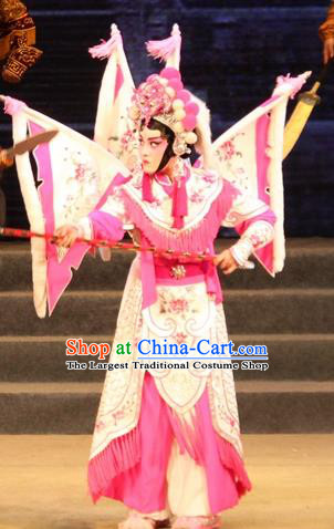 Chinese Cantonese Opera Martial Female Garment Legend of Er Lang Costumes and Headdress Traditional Guangdong Opera Mi Er Apparels Tao Ma Tan Dress with Flags