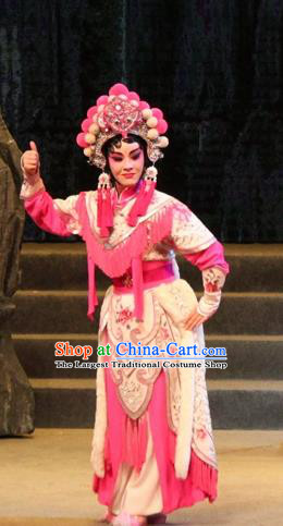 Chinese Cantonese Opera Martial Female Garment Legend of Er Lang Costumes and Headdress Traditional Guangdong Opera Mi Er Apparels Tao Ma Tan Dress with Flags