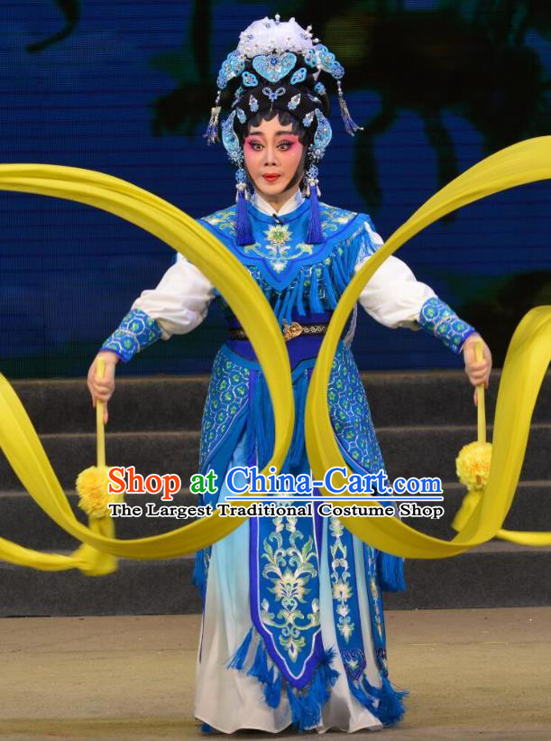 Chinese Cantonese Opera Wudan Garment Legend of Er Lang Costumes and Headdress Traditional Guangdong Opera Mi Er Apparels Martial Female Blue Dress