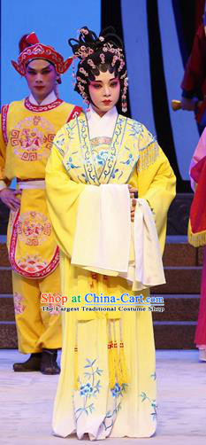 Chinese Cantonese Opera Palace Lady Garment Zhaojun Frontier Song Costumes and Headdress Traditional Guangdong Opera Court Maid Apparels Xiaodan Yellow Dress