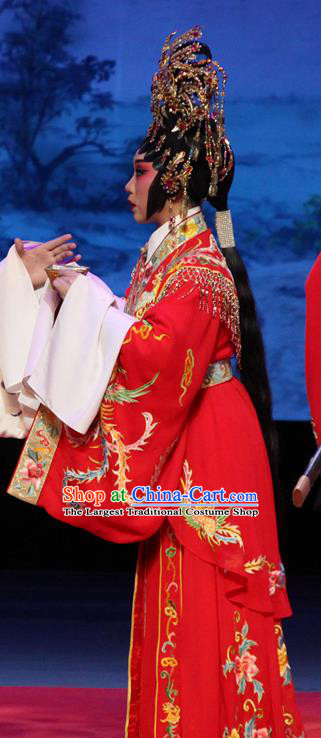 Chinese Cantonese Opera Hua Tan Garment Goddess Luo Costumes and Headdress Traditional Guangdong Opera Imperial Consort Zhen Mi Apparels Diva Red Dress