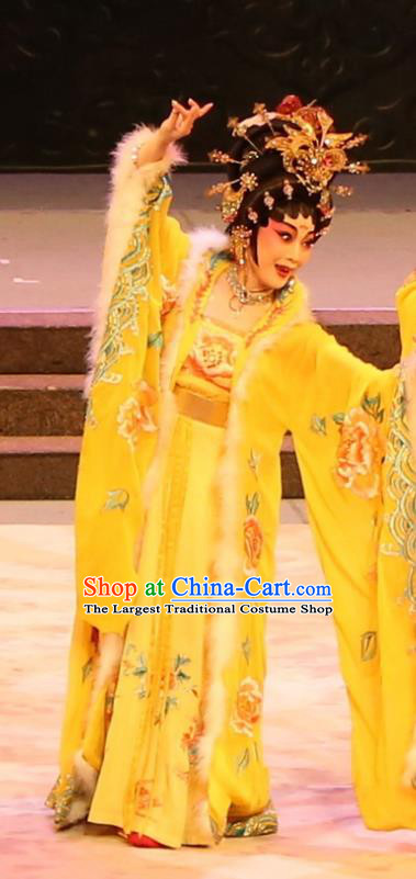 Chinese Cantonese Opera Young Beauty Garment the Ode of Peony Costumes and Headdress Traditional Guangdong Opera Queen Apparels Actress Yellow Dress