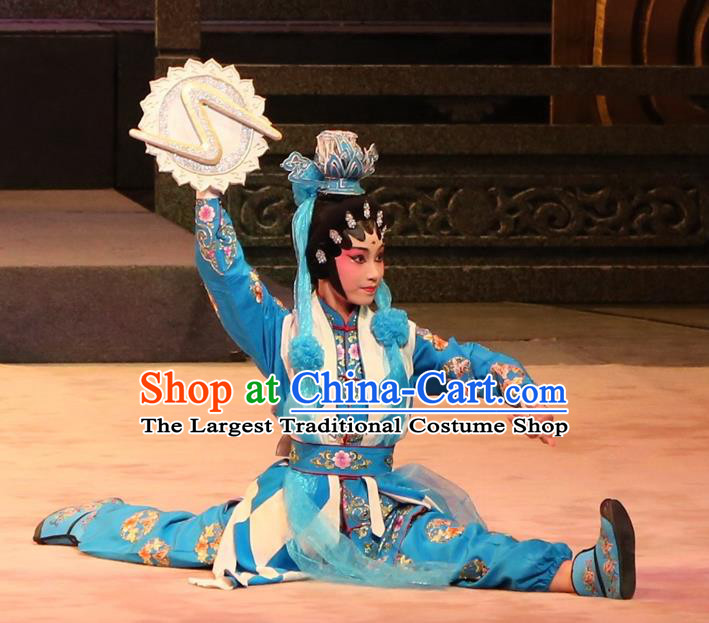 Chinese Cantonese Opera Martial Female Garment Yu Huang Deng Dian Costumes and Headdress Traditional Guangdong Opera Swordswoman Apparels Wudan Blue Dress