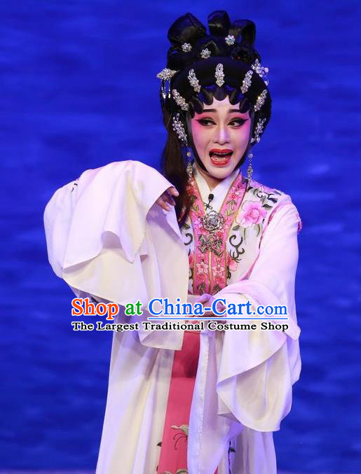 Chinese Cantonese Opera Young Beauty Qiu Chan Garment The Mad Monk by the Sea Costumes and Headdress Traditional Guangdong Opera Hua Tan Apparels Actress Dress