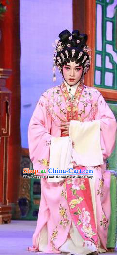 Chinese Cantonese Opera Young Female Garment The Mad Monk by the Sea Costumes and Headdress Traditional Guangdong Opera Diva Qiu Chan Apparels Hua Tan Pink Dress