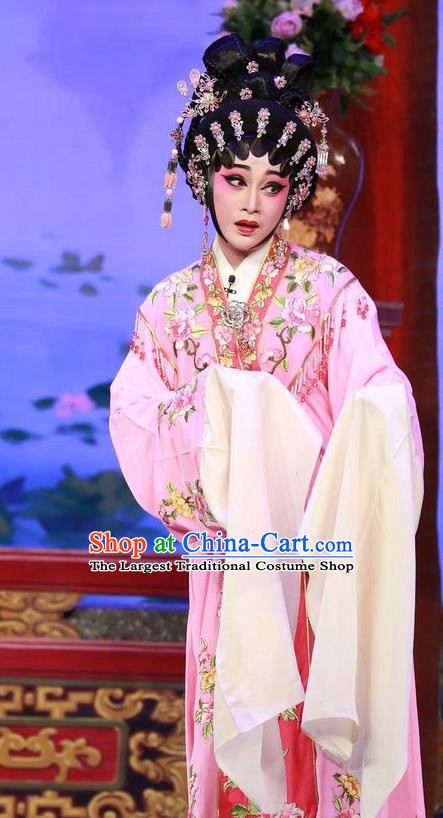 Chinese Cantonese Opera Young Female Garment The Mad Monk by the Sea Costumes and Headdress Traditional Guangdong Opera Diva Qiu Chan Apparels Hua Tan Pink Dress