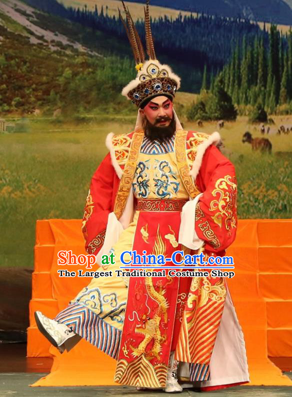 Princess Zhaojun Chinese Guangdong Opera Monarch Apparels Costumes and Headwear Traditional Cantonese Opera Xiongnu King Garment Lord Clothing