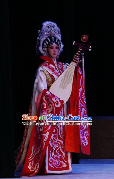 Chinese Cantonese Opera Hua Tan Garment Zhaojun Frontier Song Costumes and Headdress Traditional Guangdong Opera Young Beauty Apparels Queen Red Dress