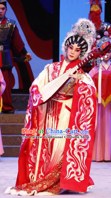 Chinese Cantonese Opera Hua Tan Garment Zhaojun Frontier Song Costumes and Headdress Traditional Guangdong Opera Young Beauty Apparels Queen Red Dress