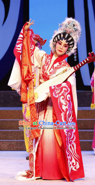 Chinese Cantonese Opera Hua Tan Garment Zhaojun Frontier Song Costumes and Headdress Traditional Guangdong Opera Young Beauty Apparels Queen Red Dress