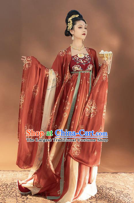 Chinese Traditional Tang Dynasty Court Woman Historical Costumes Ancient Imperial Consort Red Hanfu Dress Apparels Complete Set