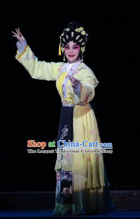 Chinese Cantonese Opera Young Beauty Garment Zi Yun Costumes and Headdress Traditional Guangdong Opera Village Girl Apparels Actress Yellow Dress