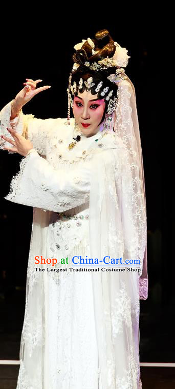 Chinese Cantonese Opera Young Female Garment Fu Shi San Sheng Meng Costumes and Headdress Traditional Guangdong Opera Hua Tan Apparels Actress White Dress